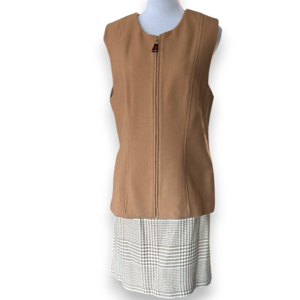 Oleg Cassini Vintage 70s 80s‎ wool set tan zip vest and houndstooth skirt sz 16